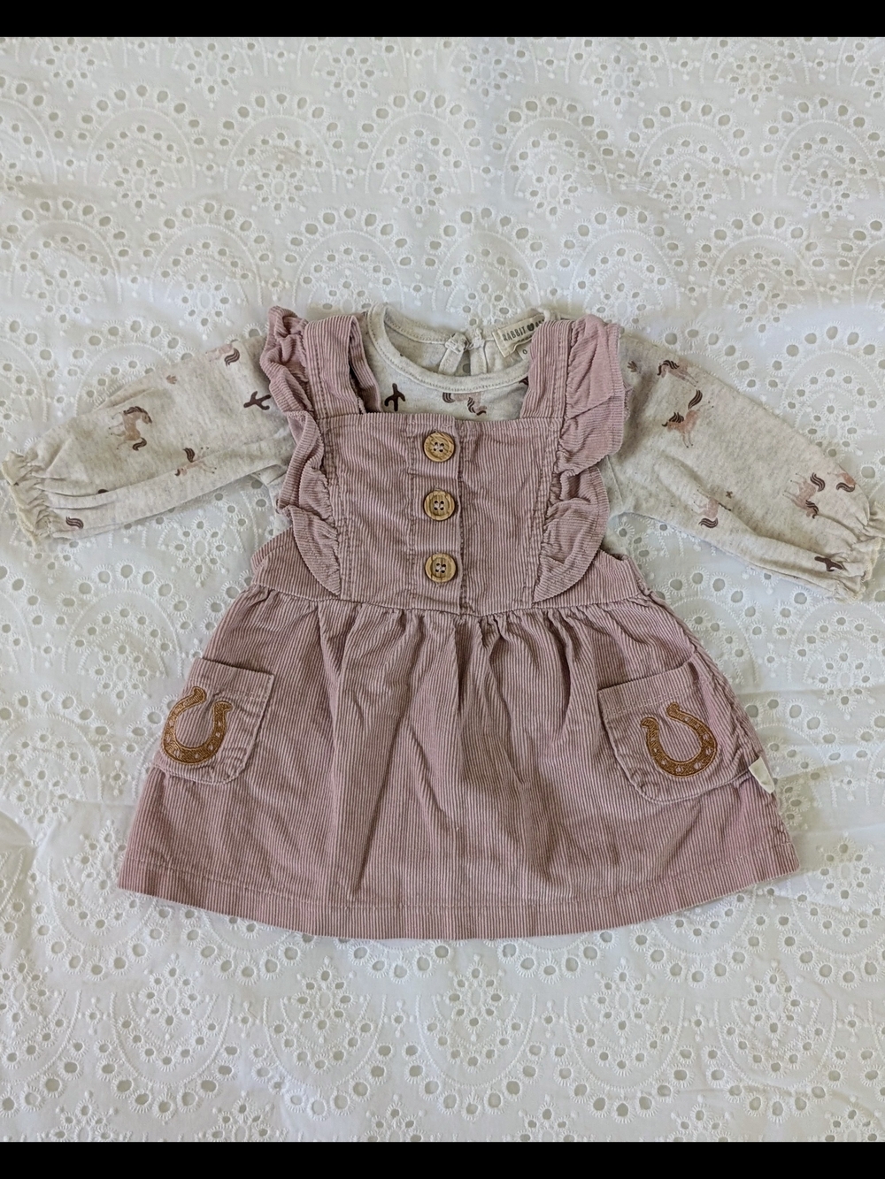Girls Dusty Pink Corduroy Pinafore Dress with Cream Long-Sleeve Top